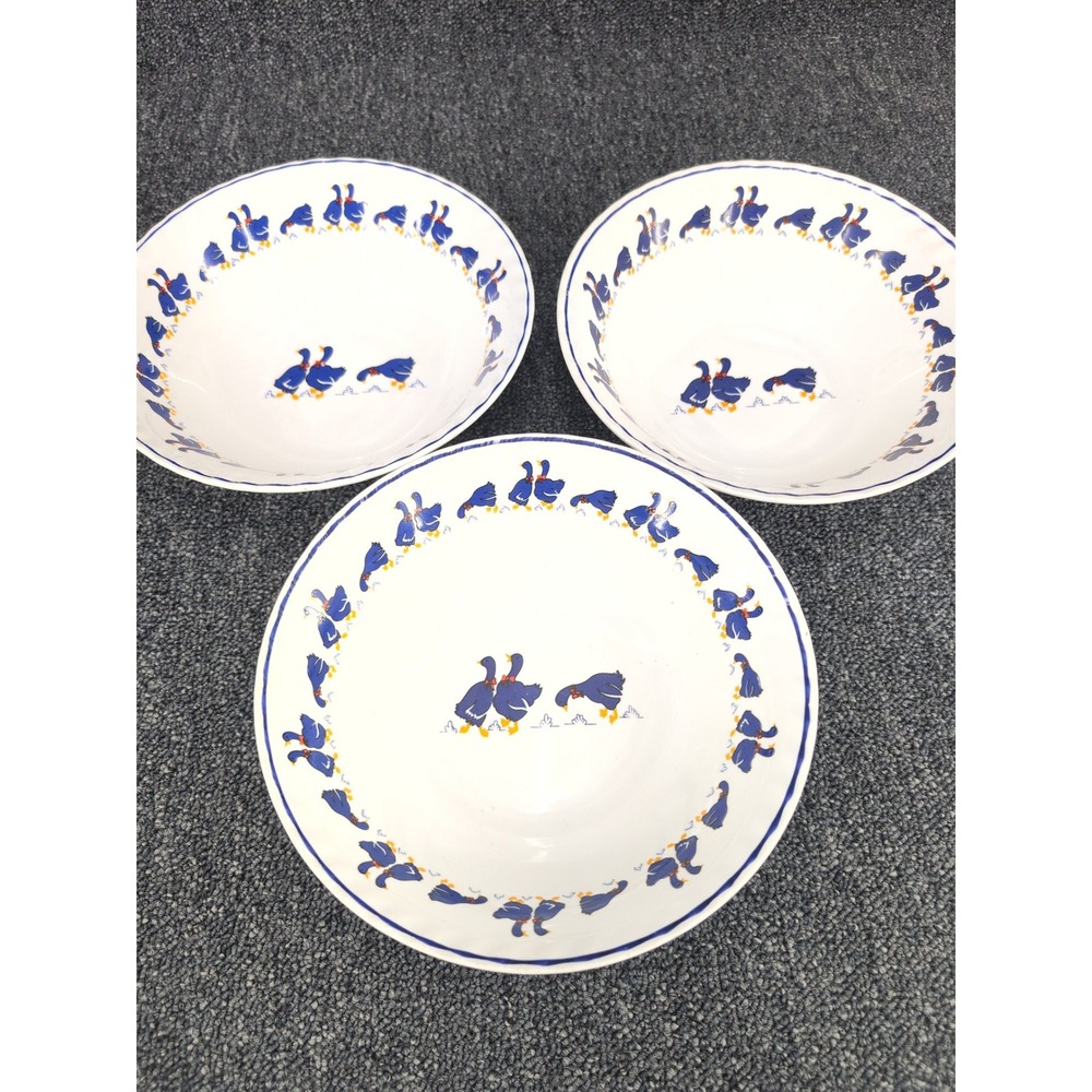 Royal CHina Bowls White Blue Country Goose Vintage 9" Farmhouse Set of 3